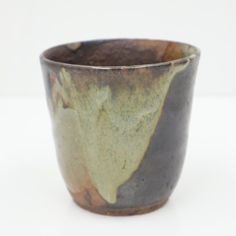 Hand Glazed Pottery Clay Tumbler Cup Planter Drip Glaze Green Black Brown 3.25in